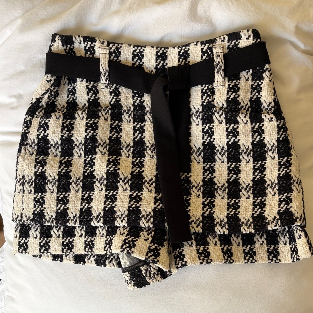 Maje Tweed Belted Shorts Size 36 (XS) | Black White High Waist Chic